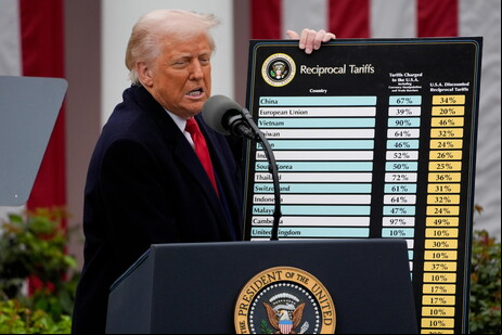 Trump segurando a lista de tarifas aos países durante discurso na Casa Branca